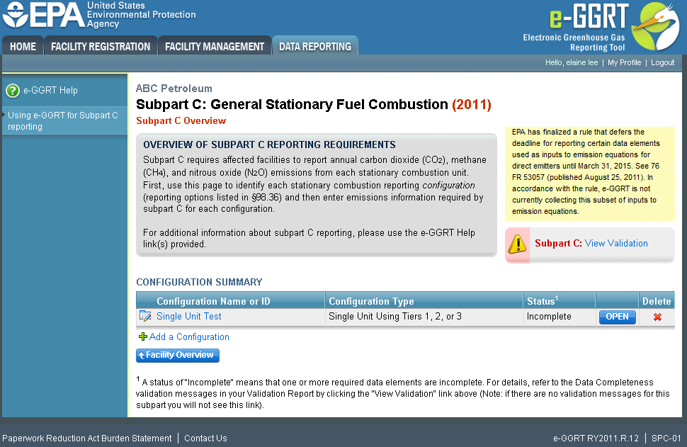 Subpart C Configuration Summary for Level Emissions